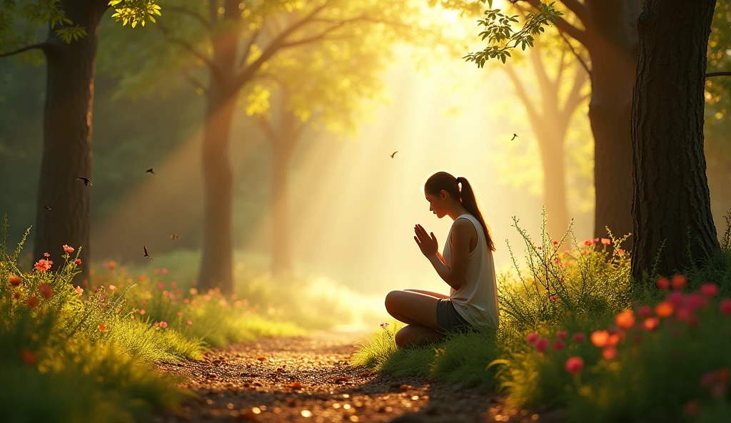 Create a highly realistic image of a person kneeling in prayer at the edge of a peaceful, glowing forest, with soft rays of sunlight filtering through the trees, symbolizing God's presence. The person has a serene and grateful expression, with hands clasped in prayer. Surrounding the individual, the environment is filled with vibrant life—flowers blooming, birds in flight—representing the strength and inspiration drawn from prayer. In the distance, a path leads out of the forest, symbolizing the mission to share God's greatness with the world. The overall scene is tranquil, with a sense of divine connection and purpose