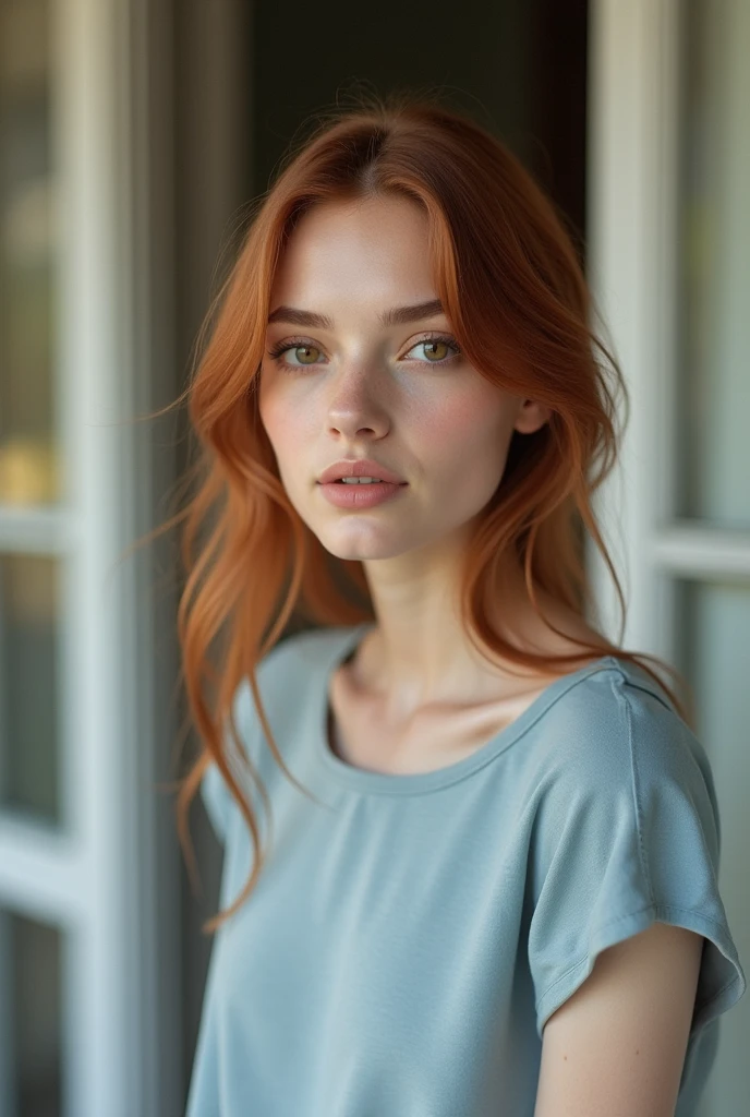 Face of a young woman, Brown eyes, copper colored hair, White skin, is located on the balcony of an elegant house, She is wearing a simple pastel blue dress