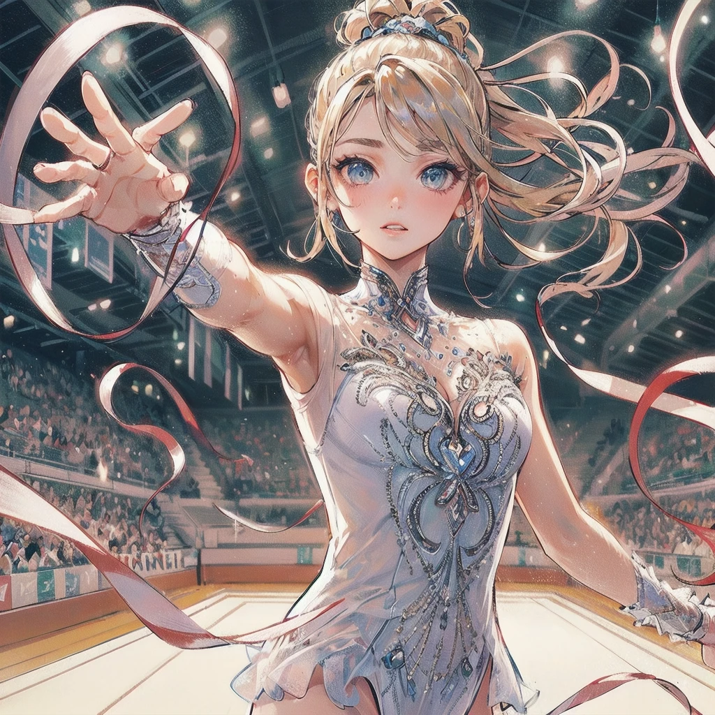 masterpiece, (textured skin), best quality, gorgeous beautiful girl, (a female rhythmic gymnastics athlete), detailed clothes,large breasts,narrow waist,, (beautiful face), cinematic lighting, (at rhythmic gymnastics venue ),