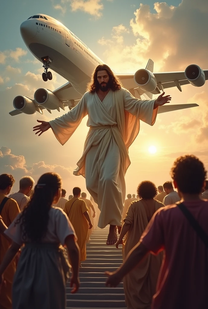 A large plane with a line of people in the sky being welcomed by Jesus Christ and he hugging them