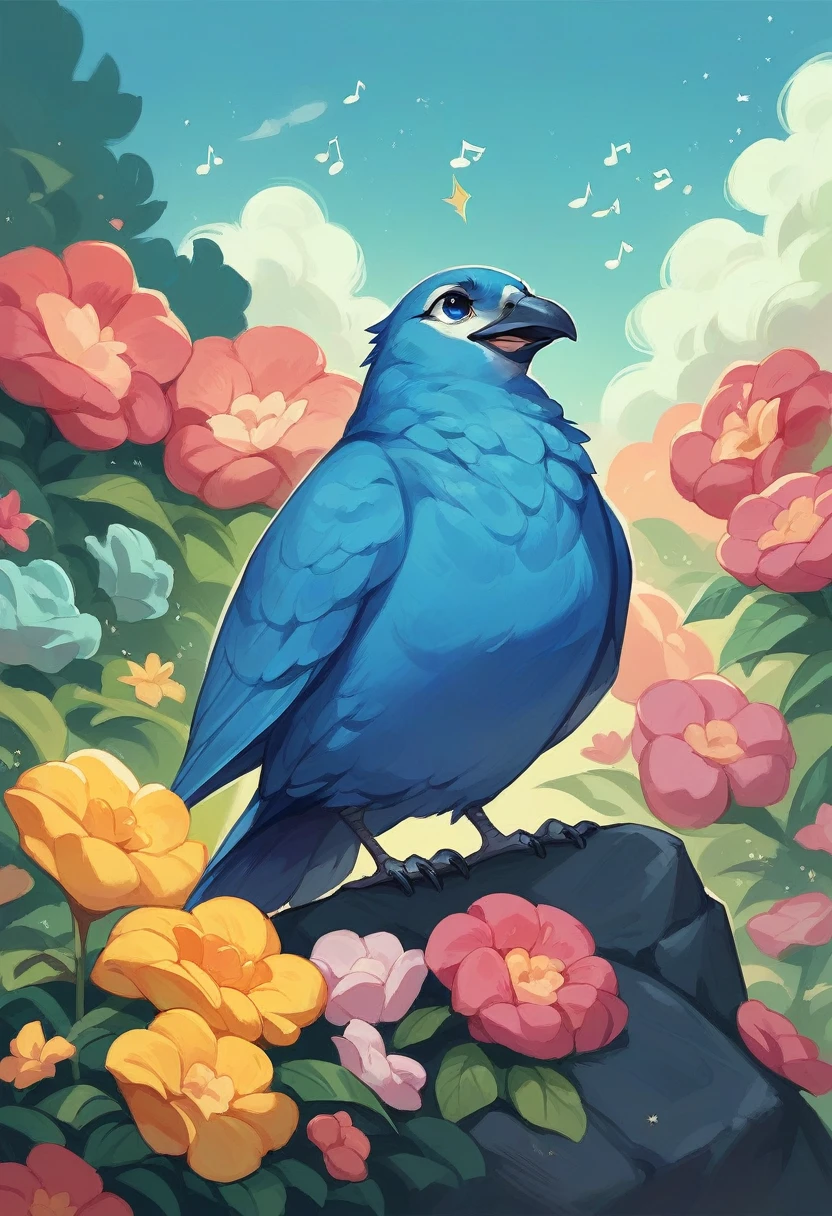 Nearby, a small, cartoon blue bird is perched on a rock, singing joyfully as colorful flowers bloom all around it.