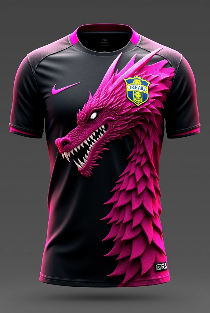 Brazilian football uniform ,with the color black and a giant pink dragon on the shirt,with pink scale on the right shoulder, we brand nike