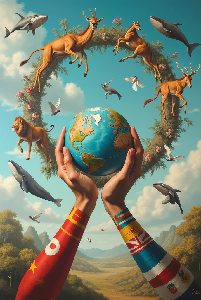 Human、Lion、Deer、giraffe、elephant、Whales、Pigeons and other animals fly in the sky.、Make a Möbius strip　National Paintings　Hands made of flags from around the world are holding the globe　The national flag at your fingertips
