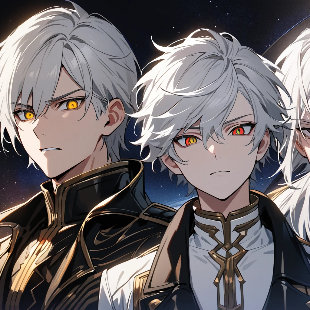 High quality, HD, 4k, no shadows, handsome male, 1male, 17 years old, teenager, short white hair, silver hair, white hair, sharp eyes, dark golden colored eyes, deep golden eyes, dark gold eyes, gold eyes, devil may cry, close up, calm expression, stoic expression, black leather clothes, white leather clothing, lean body, well trained body, upper body, looking at viewer, cowboy shot, white solar, space background