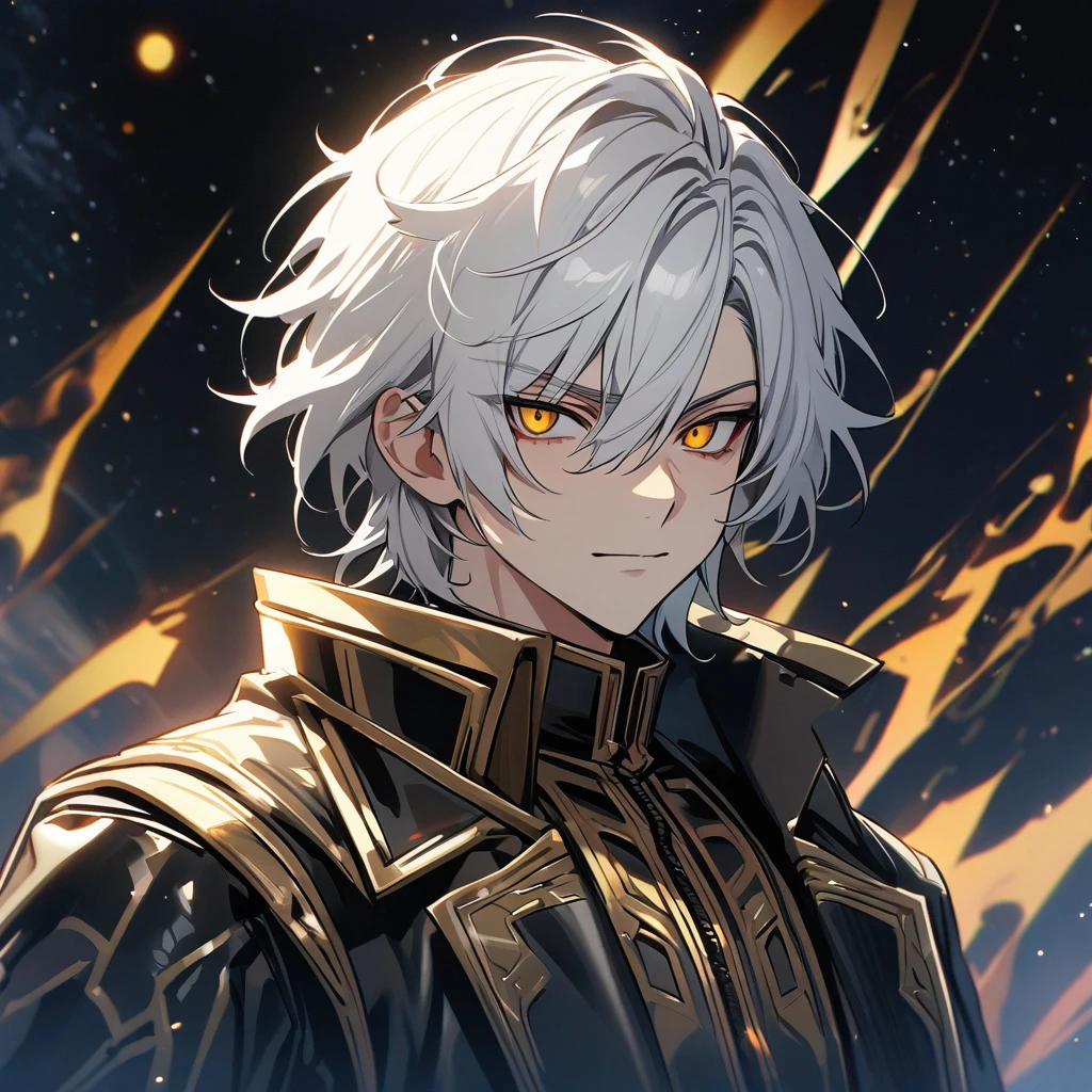High quality, HD, 4k, no shadows, handsome male, 1male, 17 years old, teenager, short white hair, silver hair, white hair, sharp eyes, dark golden colored eyes, deep golden eyes, dark gold eyes, gold eyes, devil may cry, close up, calm expression, stoic expression, black leather clothes, white leather clothing, lean body, well trained body, upper body, looking at viewer, cowboy shot, white solar, space background