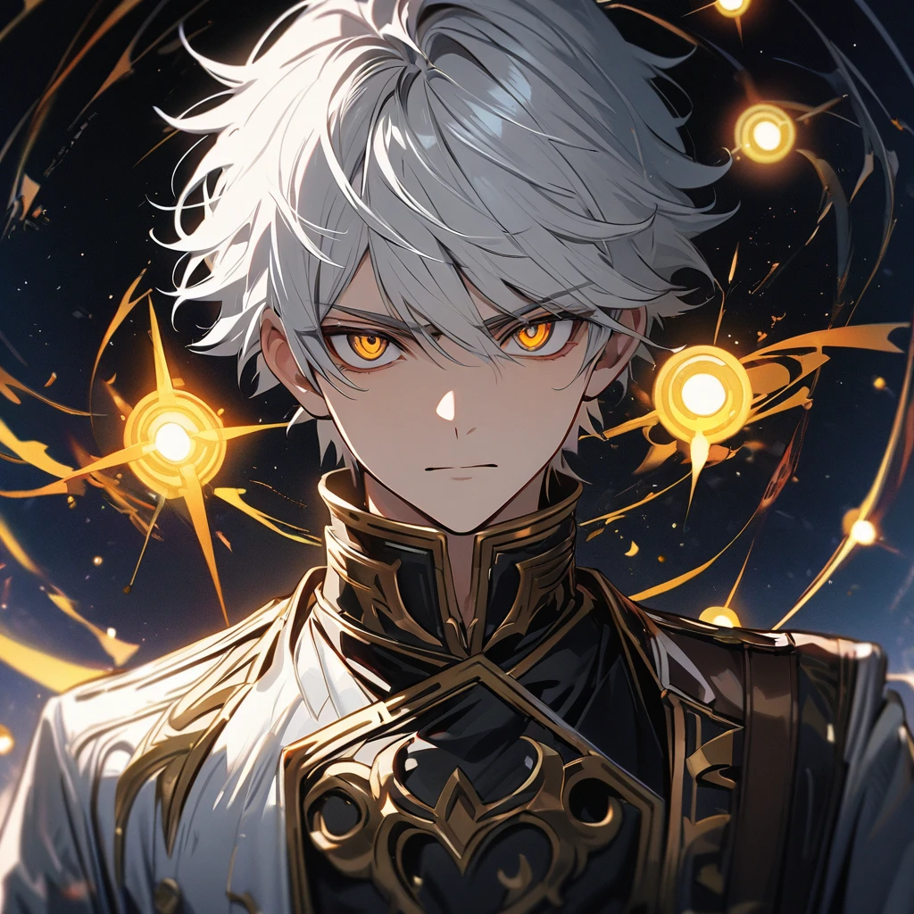 High quality, HD, 4k, no shadows, handsome male, 1male, 17 years old, teenager, short white hair, silver hair, white hair, sharp eyes, dark golden colored eyes, deep golden eyes, dark gold eyes, gold eyes, devil may cry, close up, calm expression, stoic expression, black leather clothes, white leather clothing, lean body, well trained body, upper body, looking at viewer, cowboy shot, white solar, space background