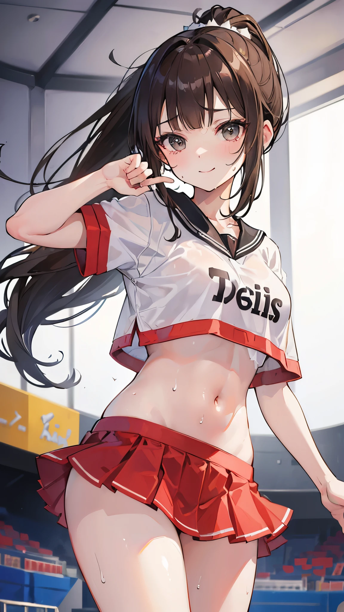 ((masterpiece、Highest quality、Very detailed))、One girl、Brown Hair、ponytail、blunt bangs、Grey Eyes、smile、Moderate breasts、cheerleader、belly button、((micro miniskirt))、pom pom、Cowboy Shot、((Sweat))、Stadium Background