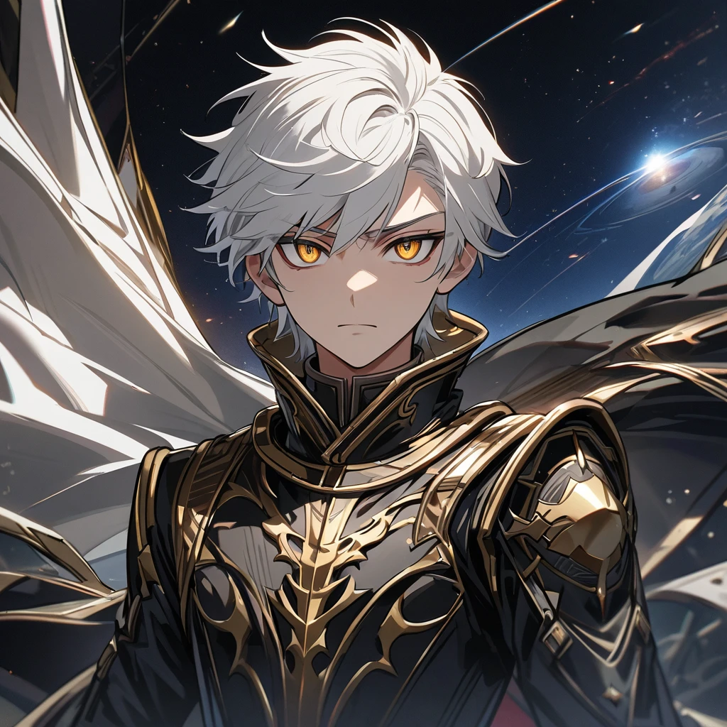 High quality, HD, 4k, no shadows, handsome male, 1male, 17 years old, teenager, short white hair, silver hair, white hair, sharp eyes, dark golden colored eyes, deep golden eyes, dark gold eyes, gold eyes, devil may cry, close up, calm expression, stoic expression, black leather clothes, white leather clothing, lean body, well trained body, upper body, looking at viewer, cowboy shot, white solar, space background