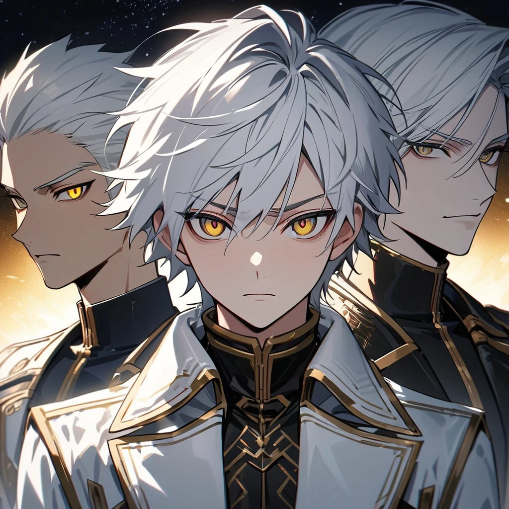 High quality, HD, 4k, no shadows, handsome male, 1male, 17 years old, teenager, short white hair, silver hair, white hair, sharp eyes, dark golden colored eyes, deep golden eyes, dark gold eyes, gold eyes, devil may cry, close up, calm expression, stoic expression, black leather clothes, white leather clothing, lean body, well trained body, upper body, looking at viewer, cowboy shot, white solar, space background
