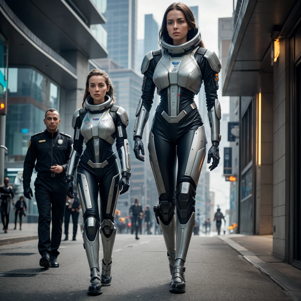 a woman in a futuristic uniform of the interstellar fleet academy walking down a street of a planetary colony with a humanoid cyborg at her side,hyper-realistic, hyperdetailed, intricate details