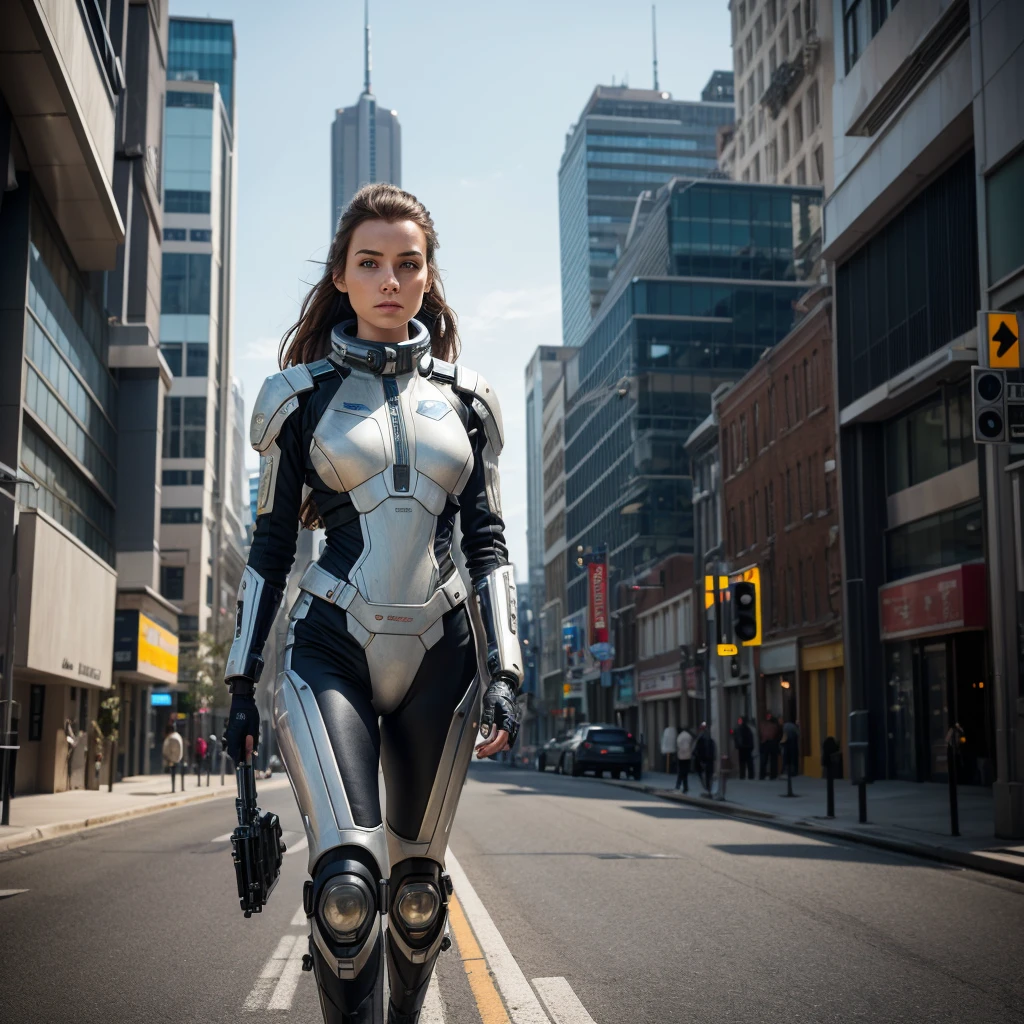 a woman in a futuristic uniform of the interstellar fleet academy walking down a street of a planetary colony with a humanoid cyborg at her side,hyper-realistic, hyperdetailed, intricate details