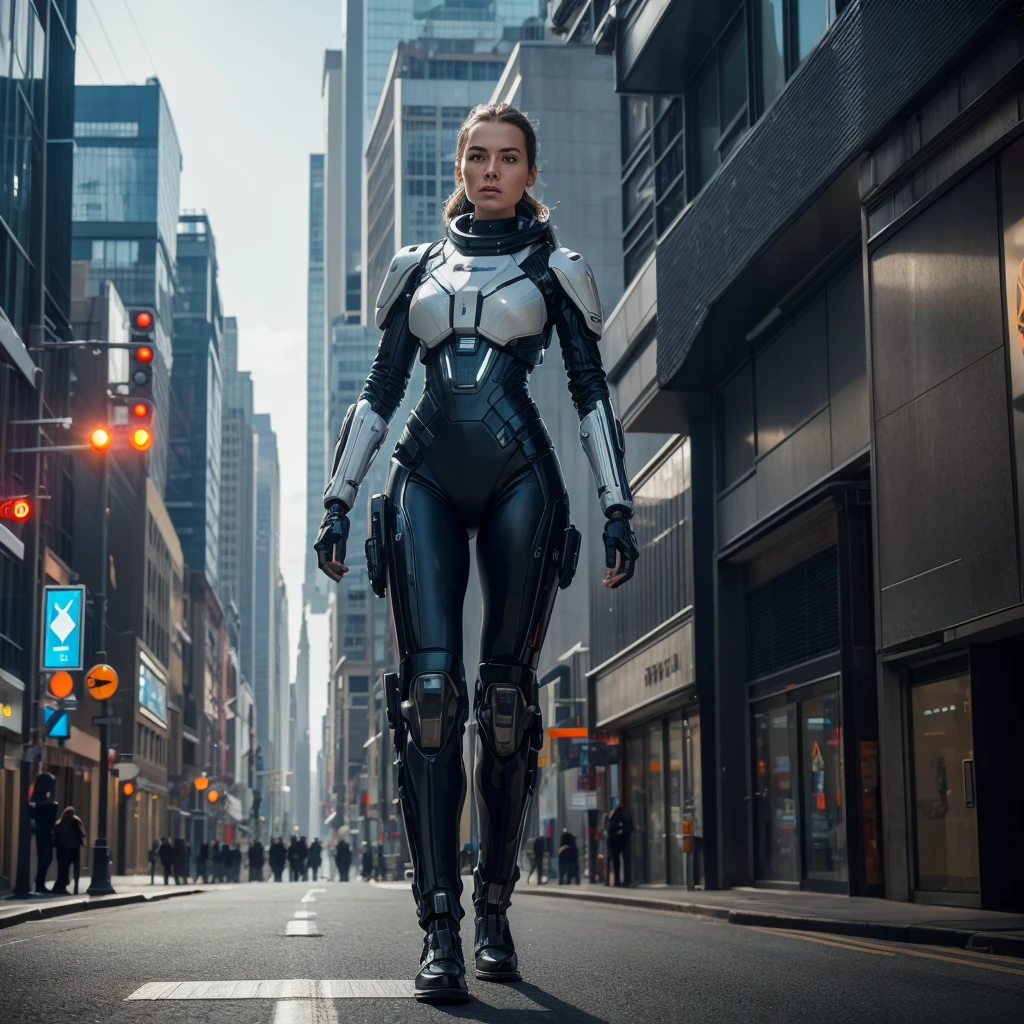 a woman in a futuristic uniform of the interstellar fleet academy walking down a street of a planetary colony with a humanoid cyborg at her side,hyper-realistic, hyperdetailed, intricate details