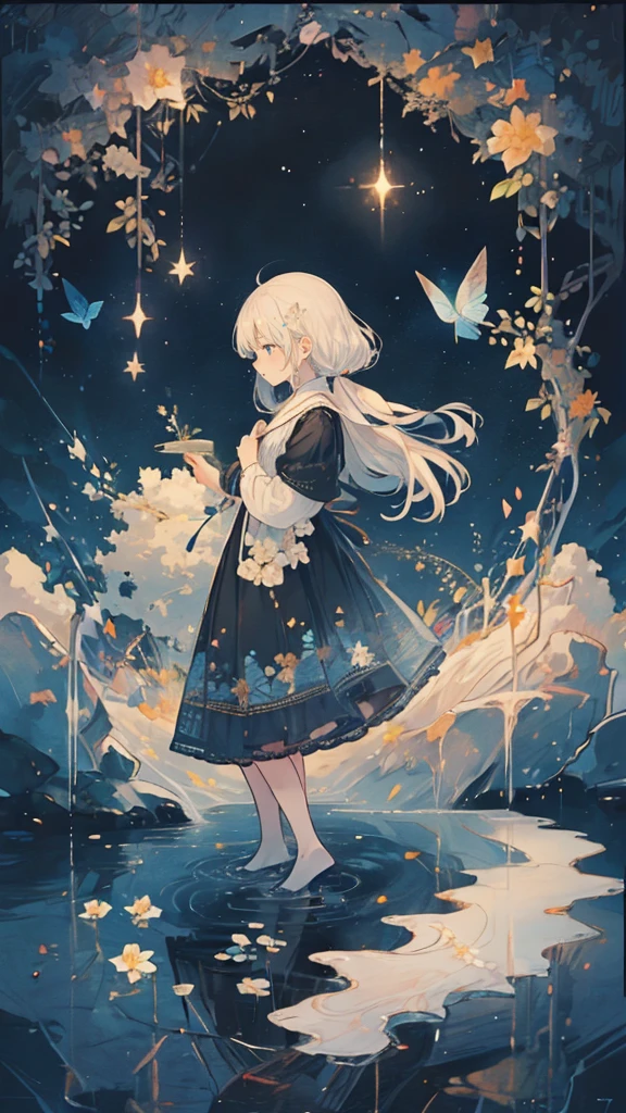 (Mastepiece), (Best Quality), Very detailed, 1 girl, (Full body solo shot:1.5), Perfect Face, beautiful girl, Very detailedな顔，(Black long dress:1.4)、(White hair long hair:1.5)，(blue eyes:1.4)，(Lots of butterflies々:1.2)、(White flower:1.4)、(Blue Butterfly々:1.3)、(Sparkling:1.3)、moonlight、流れstar、(night、star空:1.4)、Crescent Moon、star々、moonlight