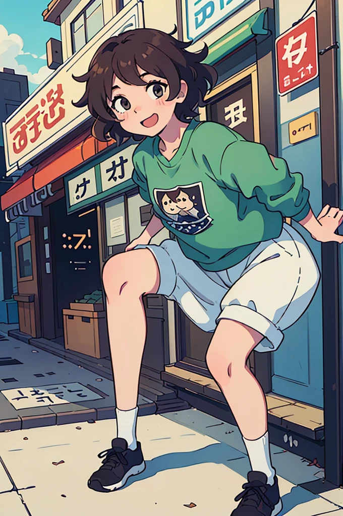 (Highest quality:0.8) Perfect anime illustration, cute, Happy woman with short curly brown hair on a city street, A baggy men's size T-shirt,Nylon shorts,Large Breasts, Black cap,stroll,Nipples are visible,Heavy breathing,