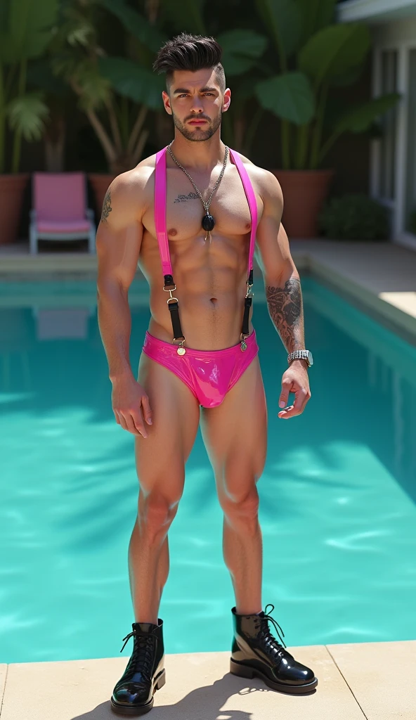 Fullbody standing picture of white skin Handsome muscular horny nude sexy gay man wearing sexy shiny latex pink harness, shiny black Disconnected Pompadour hair style, blue eyes, shiny black varnished vinyl shoes, red lip, chain, tattoos, horny, cum shot, sperm, milking penis, big penis, very big testicle, shiny oiled skin, orgasm, oversexed, standing at pool.