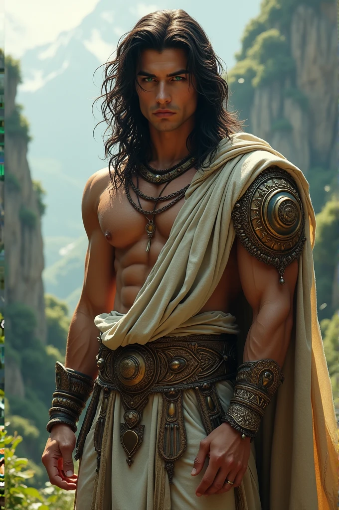Young Hot Man with a little bit long black hair, green eyes and dressed like a Greek God Warrior