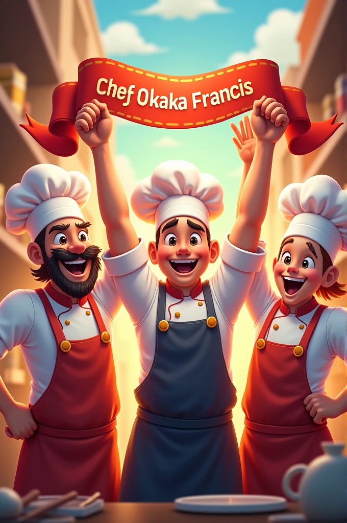Three cheers and laughing Chefs holding a ribbon with writing Chef Okaka Francis