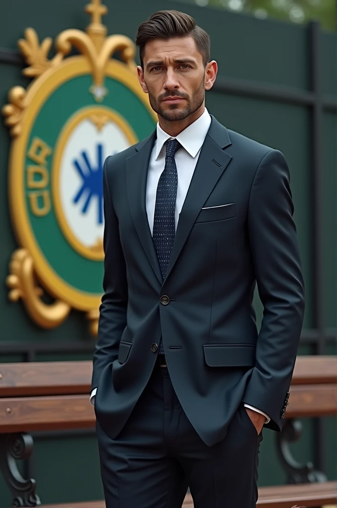 Create a photo of a man in a suit with the symbol of Gremio football Porto Alegrense in front of a bench