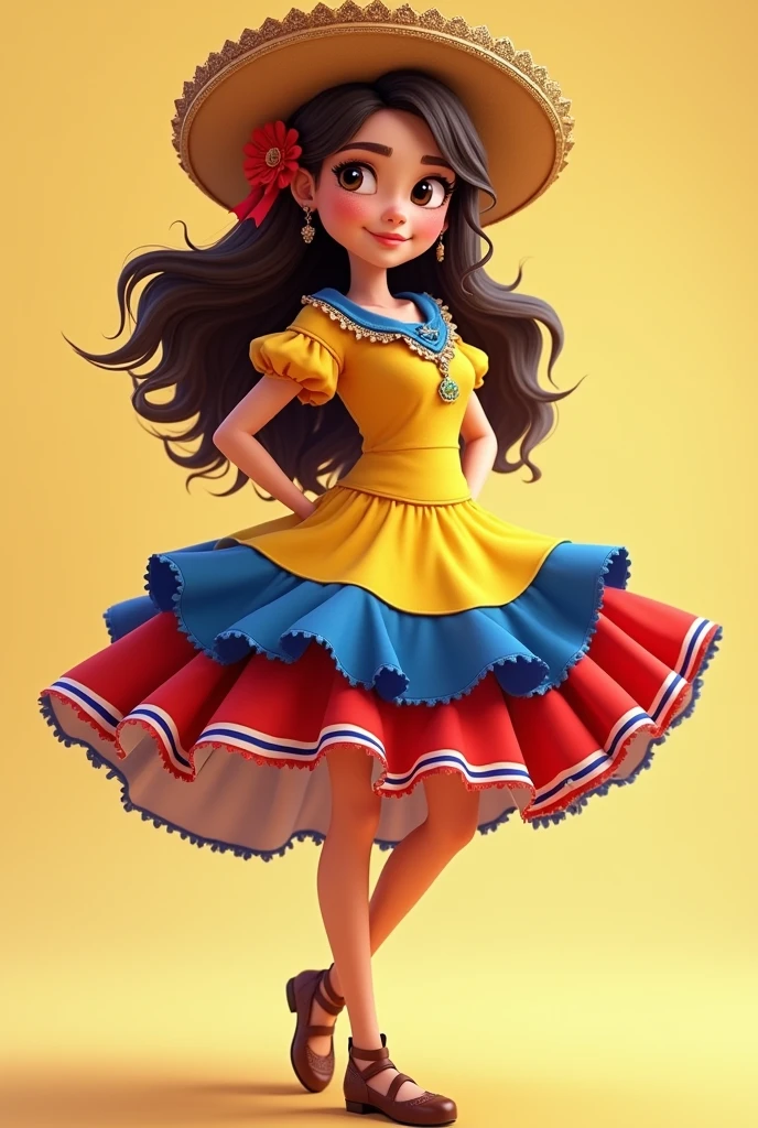 Animated girl with Colombian flag and wearing a Colombian cumbia dress without background
