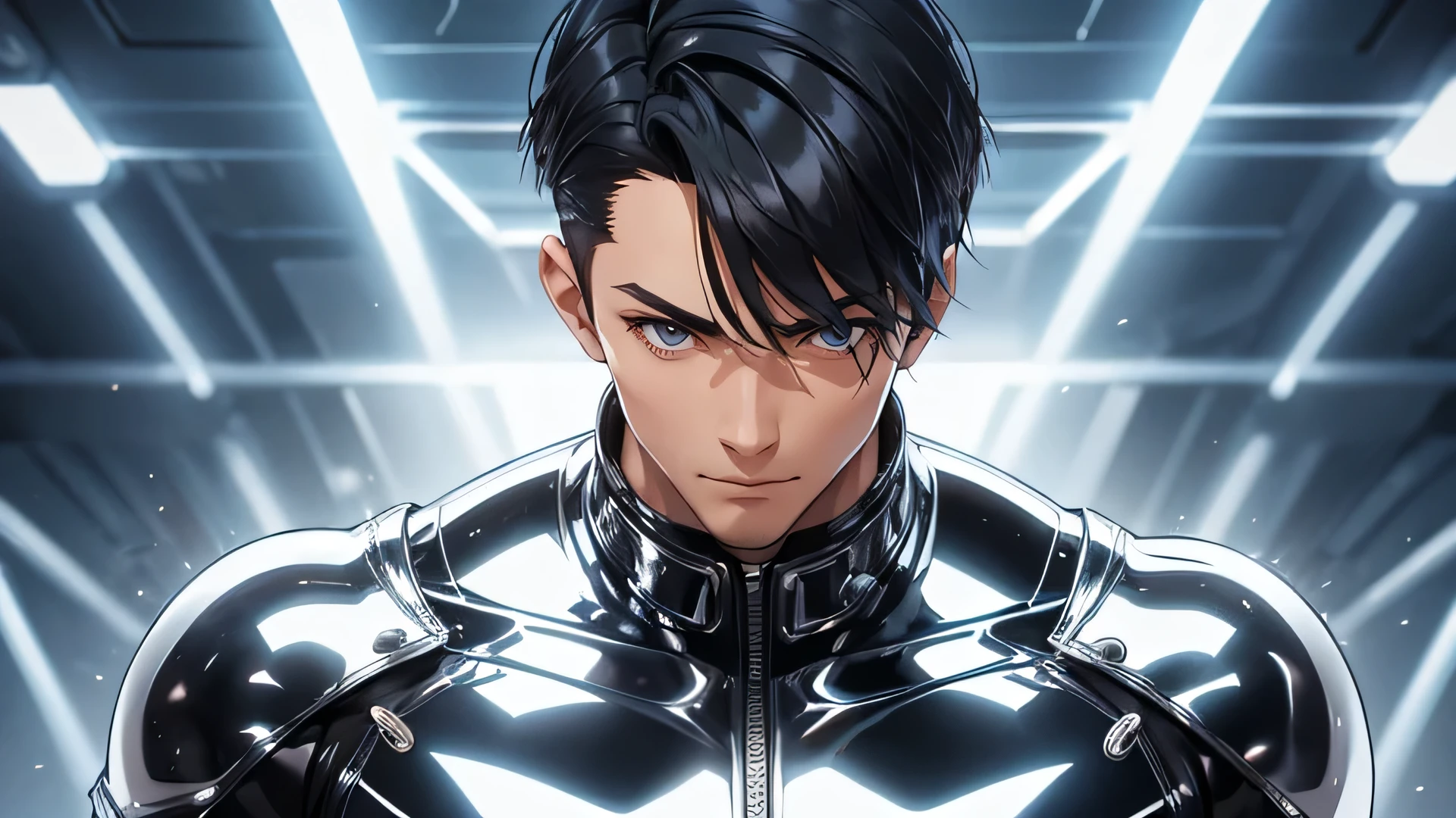 Handsome Japanese male models 22 years old smile Black Hair Short cut Short bangs looking at the camera Shiny full-body silver suit Shiny silver latex suit Mega Bulge looking at the camera future world Upper body close-up Face close-up Fierce