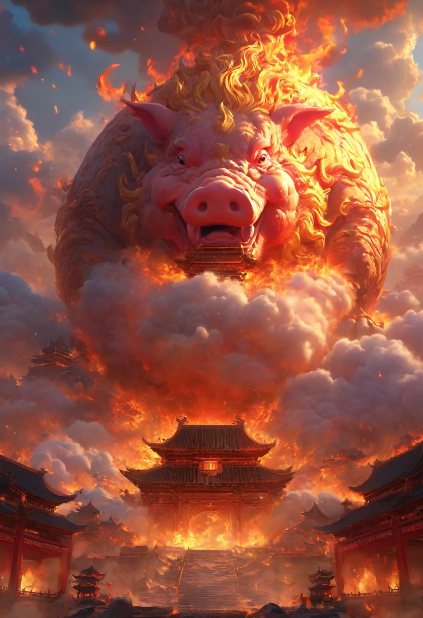 Dans un monde imaginaire, l'architecture traditionnelle de la Chine, the fire pig, the clouds, the sun, the sky, the mountains, la foudre (high quality, 4K, high resolution, masterpiece : 1.2), extremely detailed, (realism : 1.37), couleurs vives, effet de brouillard, Bright light.