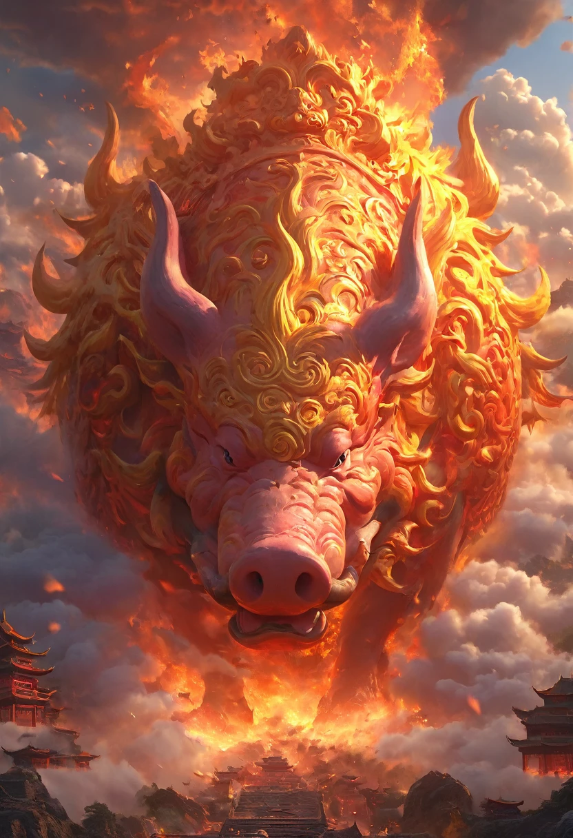 Dans un monde imaginaire, l'architecture traditionnelle de la Chine, the fire pig, the clouds, the sun, the sky, the mountains, la foudre (high quality, 4K, high resolution, masterpiece : 1.2), extremely detailed, (realism : 1.37), couleurs vives, effet de brouillard, Bright light.