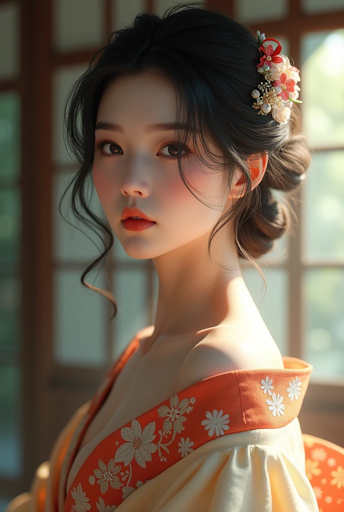 An elegantly dressed Japanese woman in natural light、A close-up of her chest and calm expression.、It shows her inner peace and outer charm.。