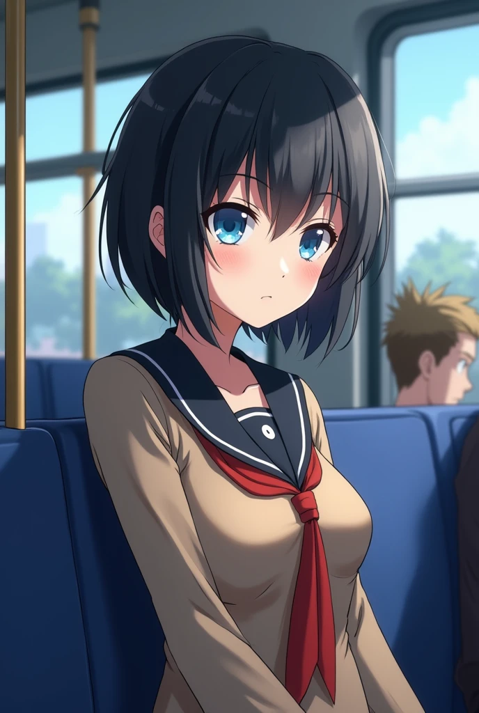 an anime woman with short completely black hair, blue eyes, wearing a school uniform with a small blouse and with a very developed body and large proportions old woman sitting on the bus seat next to me
