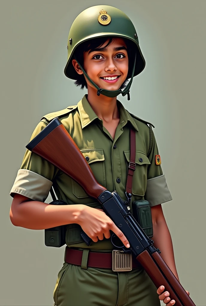 Ok image of an army boy standing holding a gun fair skin indian touch wearing helmet age 16 15
Give him a fair skin With Hilding Gun give him a aattractive face and also cheering smile