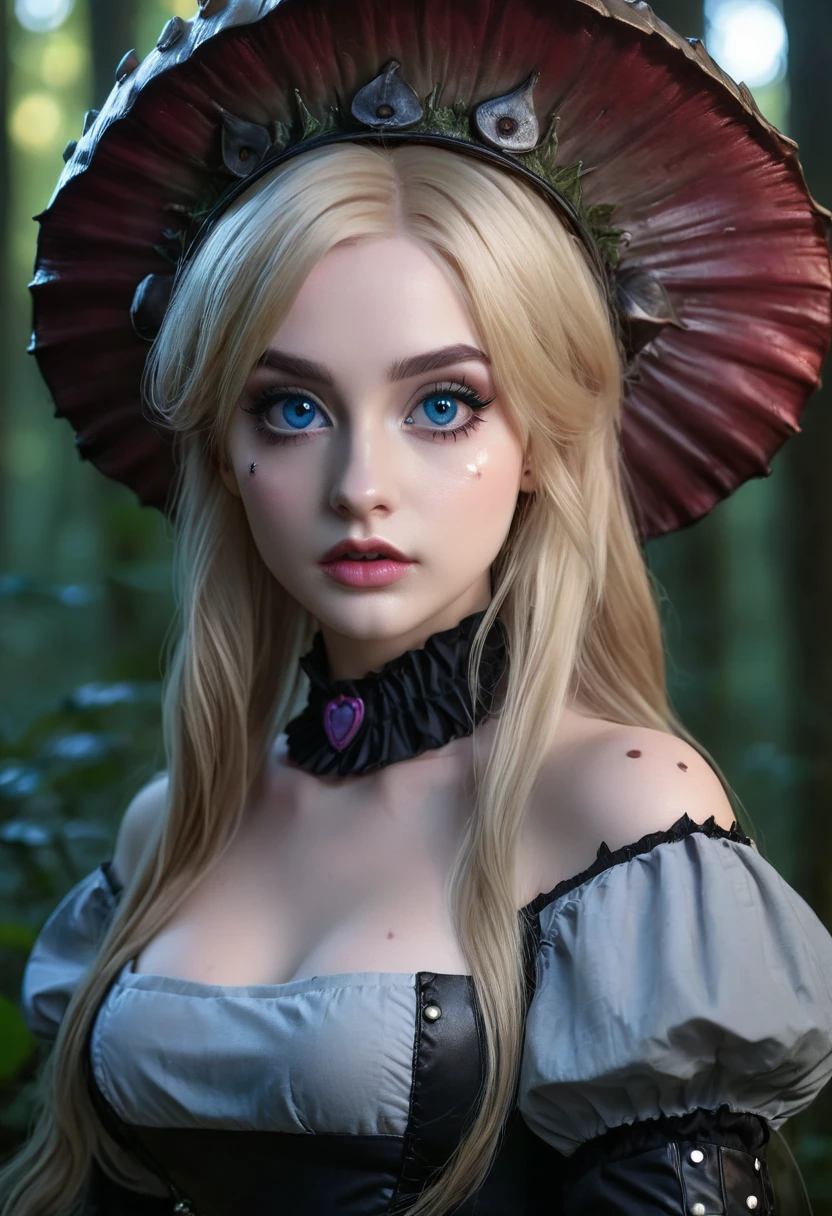 A young blonde girl with straight hair, detailed beautiful eyes, detailed nose and lips, long eyelashes, gothic dark eyeliner, damaged alice in wonderland style battle armor, revealing skin, carrying a knife, hiding behind a giant mushroom, (best quality,4k,8k,highres,masterpiece:1.2),ultra-detailed,(realistic,photorealistic,photo-realistic:1.37),fantasy,dark,moody,dramatic lighting,dramatic shadows,intricate details,highly detailed