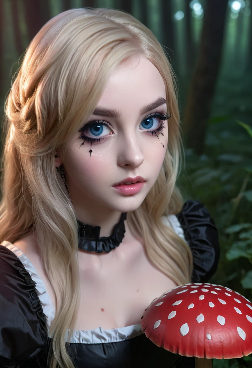 A young blonde girl with straight hair, detailed beautiful eyes, detailed nose and lips, long eyelashes, gothic dark eyeliner, damaged alice in wonderland style battle armor, revealing skin, carrying a knife, hiding behind a giant mushroom, (best quality,4k,8k,highres,masterpiece:1.2),ultra-detailed,(realistic,photorealistic,photo-realistic:1.37),fantasy,dark,moody,dramatic lighting,dramatic shadows,intricate details,highly detailed