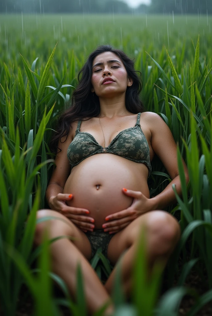 beautiful young woman (pregnant), super big breasts without a bra, lying in the middle of a rice field in a rainy storm, her legs wide open (vaginanyanyah), her face visible (in pain).