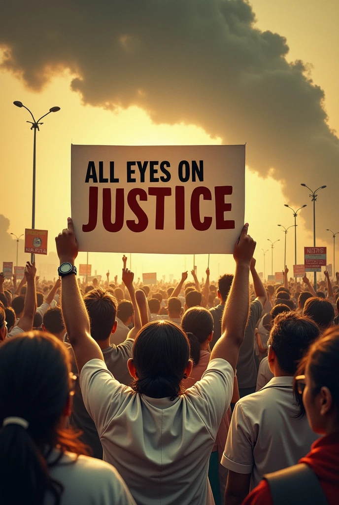 Hundreds of indian doctors protesting by holding a banner "JUSTICE", yellowish, medium contrast,men and women doctors are crying and angry,there is a line created by dark clouds in the sky"ALL EYES ON RG KAR"