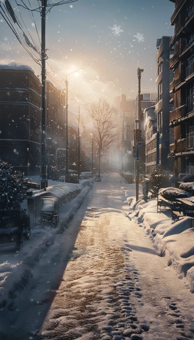 a snowy cold street, highway, sidewalk, detailed university building in the background, detailed anime style, cold blue tone lighting, snow covering the ground, snowflakes falling, fog, atmospheric lighting, cinematic composition, dramatic shadows, beautiful detailed snow textures, photorealistic, 8k, high quality, masterpiece