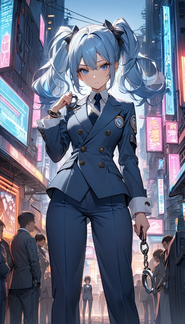 ((Best quality, 8K, masterpiece)), anime style, full body, a confident and determined woman with long light blue hair tied in two high ponytails, wearing a strict blue double-breasted suit with silver buttons, light blue narrow pants, and dark tie over a white shirt. Her sleeves are adorned with white cuffs, and her left sleeve bears an emblem with the number "96". She is holding handcuffs in her right hand, standing confidently with a determined expression on her face. Background: futuristic cityscape at dusk with neon lights. The image is highly detailed, with attention to fabric textures, hair, and facial expressions