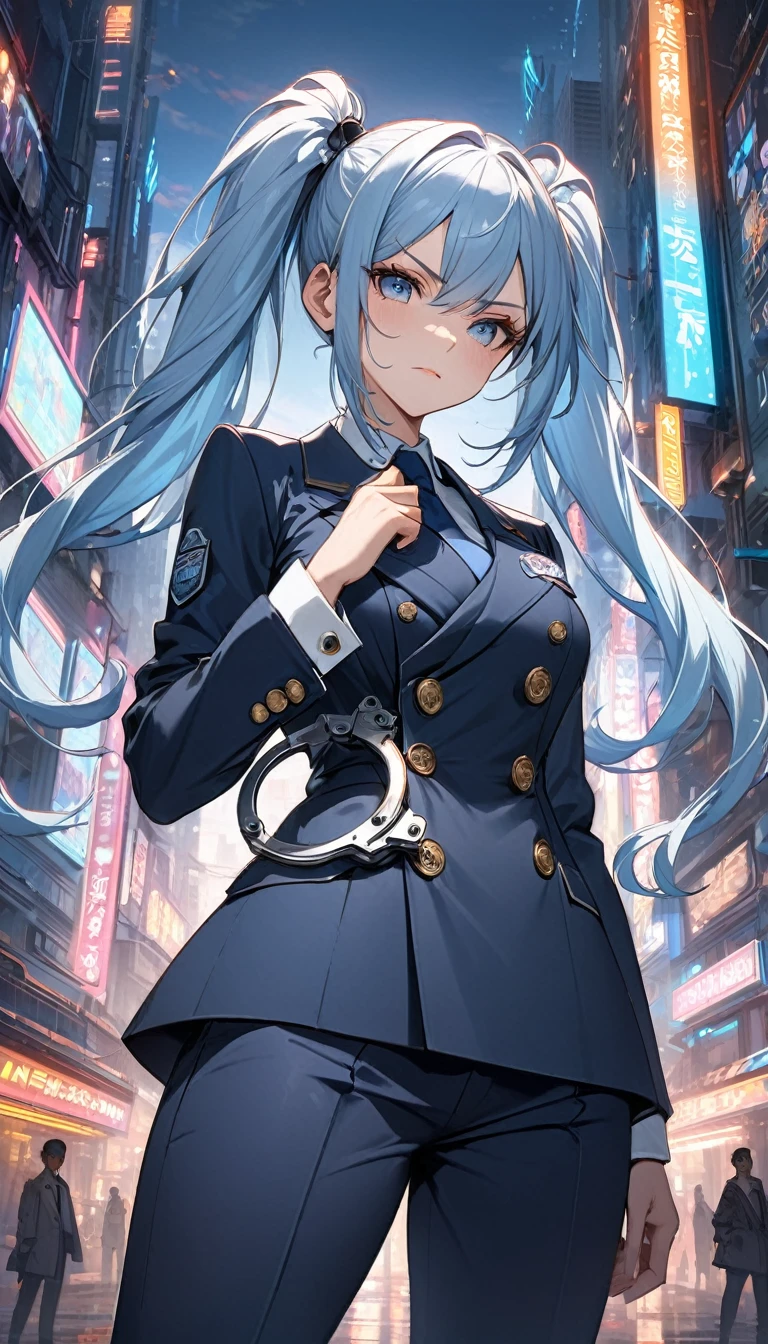 ((Best quality, 8K, masterpiece)), anime style, full body, a confident and determined woman with long light blue hair tied in two high ponytails, wearing a strict blue double-breasted suit with silver buttons, light blue narrow pants, and dark tie over a white shirt. Her sleeves are adorned with white cuffs, and her left sleeve bears an emblem with the number "96". She is holding handcuffs in her right hand, standing confidently with a determined expression on her face. Background: futuristic cityscape at dusk with neon lights. The image is highly detailed, with attention to fabric textures, hair, and facial expressions