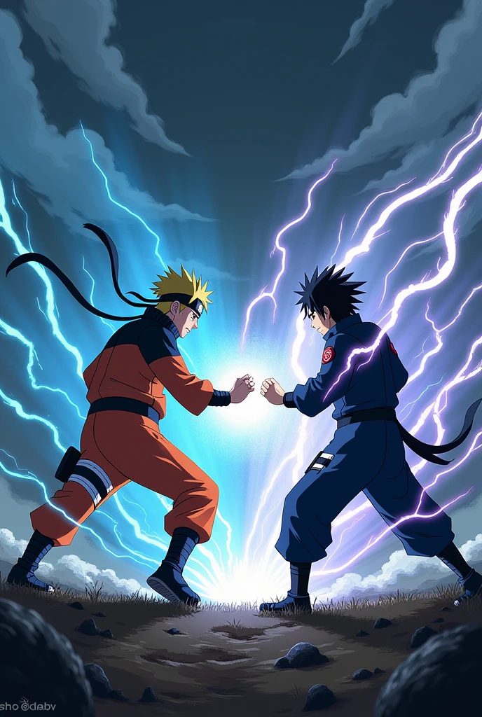 Naruto and Sasuke duel ,Two anime characters facing each other, one on the left side and one on the right side.
- First character in fighting pose, hands in front as if ready to attack, expression of determination.
- Second character in a defensive pose, body slightly tilted with hands raised to block or counterattack.
- The background will be a dramatic landscape., such as a dark cloudy sky with lightning or energy effects surrounding both characters..
- Bright and contrasting colors to highlight the intensity of the fight.