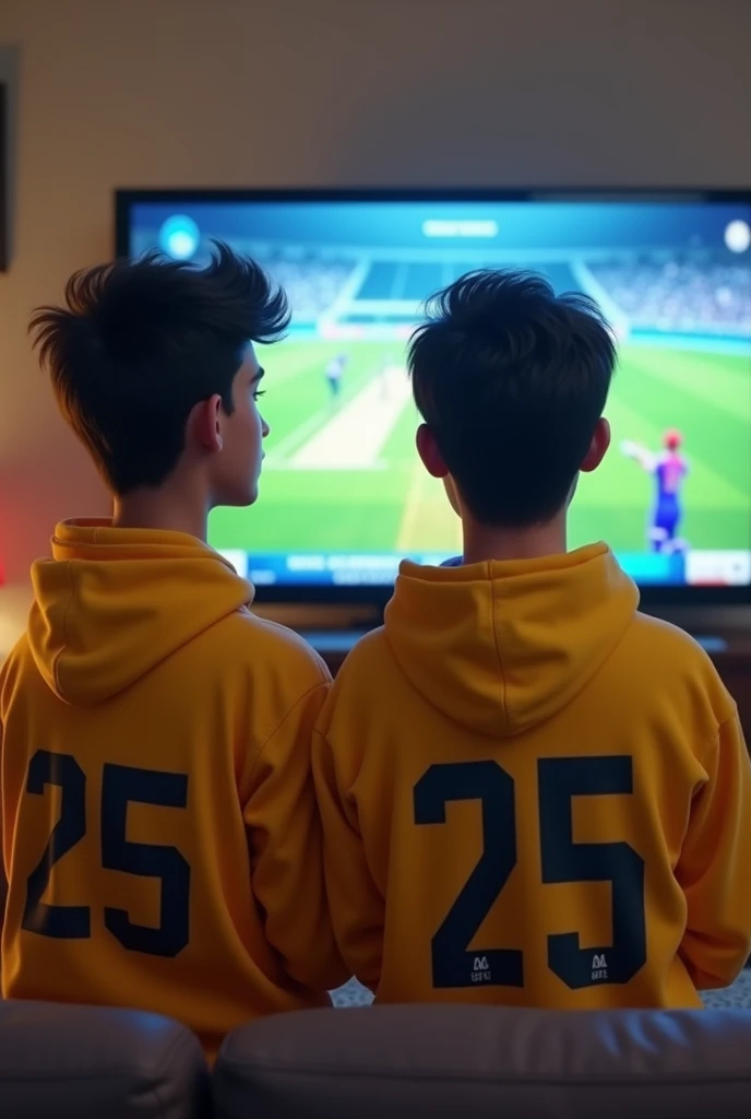 Image cricket watching in televisnion
young men 
 Name Satyam jersey number 25 yellow hoodie  side face
Name Satyam side face 