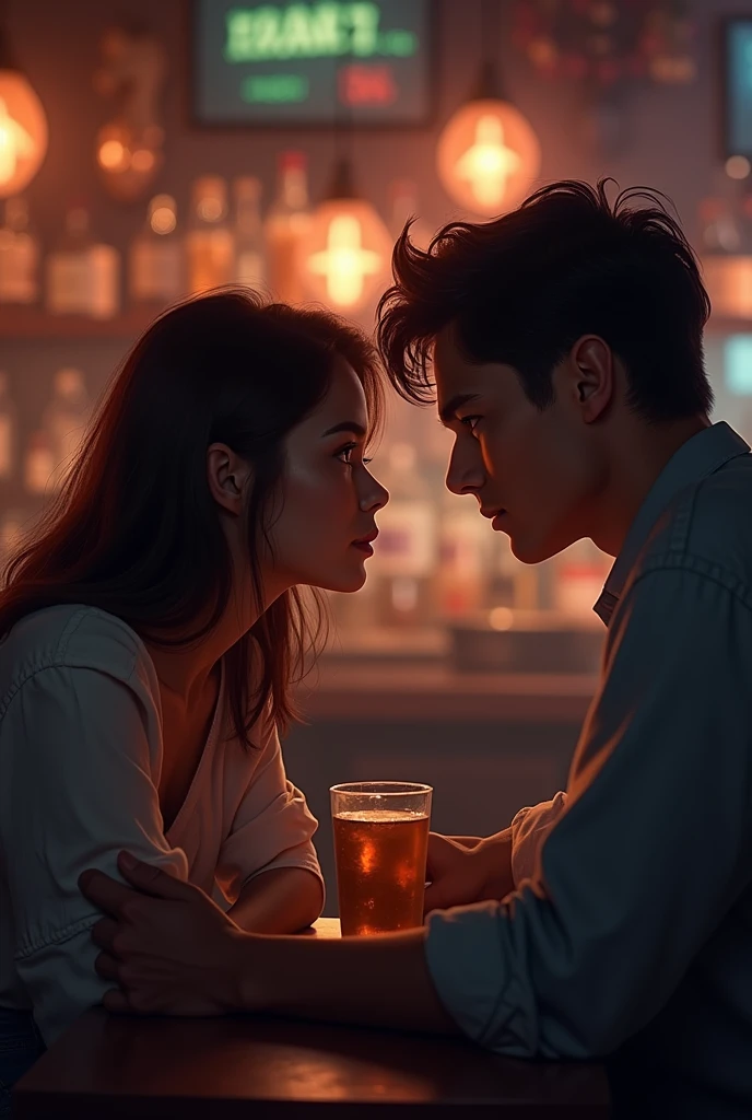 A 20-year-old couple arguing at a bar. The woman is looking down and the man is glaring at her.
