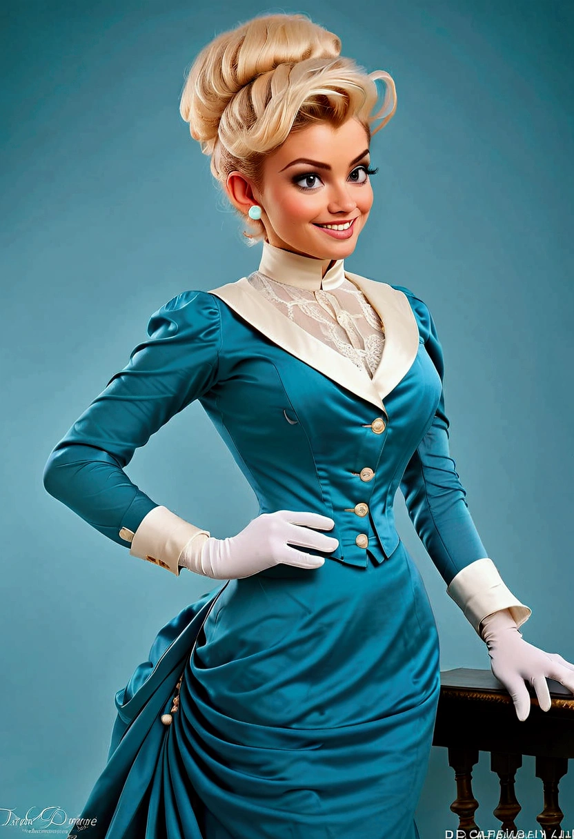 1girl. Humanized Daisy Duck as a hot 15yo Gibson Girl, seducing a horny 69yo gentleman. 1890s fashion. Victorian high-collar turquoise dress with long sleeves cuffed into wrist-high white silk gloves. Sheer peek-a-boo top. 1900_dr3ss. Strawberry blonde hair. Large bosom, 9-inch wasp waist, big booty. Thicc thot. Slutty demeanor. Sexy pose.