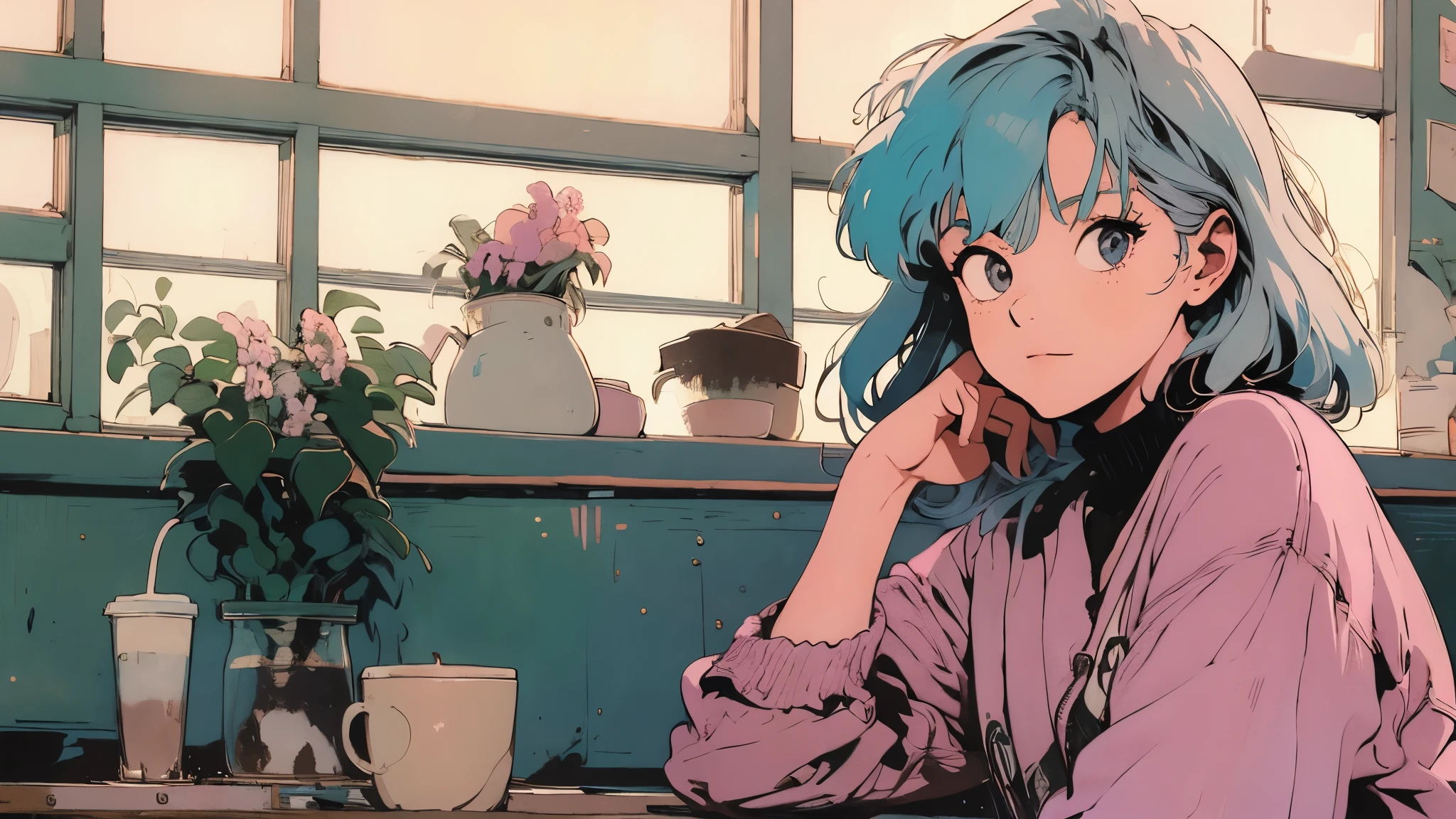 masterpiece, Highest quality, A girl with pastel-colored hair, sitting in a cozy café, with a laptop and coffee, lost in her music. lofi hip hop,
