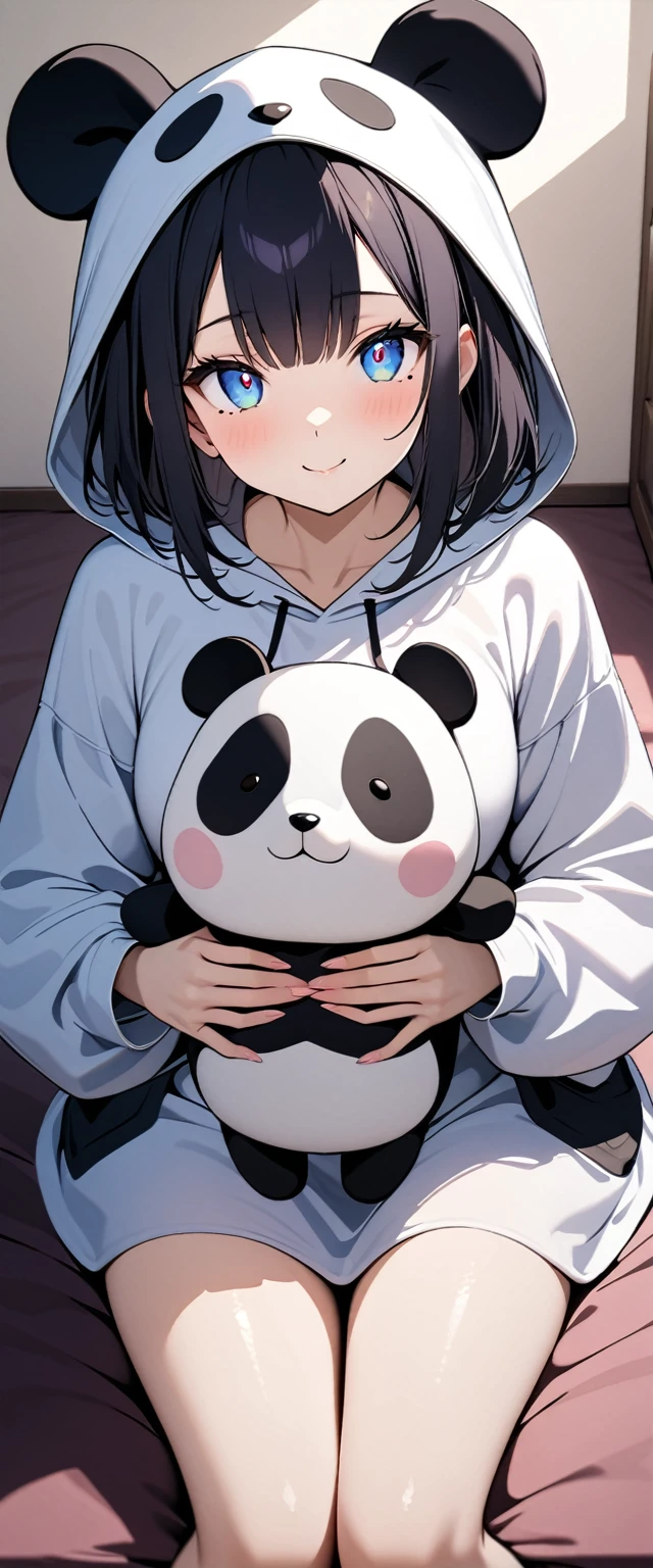 (Highest quality),(masterpiece), 8k,Very detailed, Detailed light, Best Shadow,Detailed reflective eyes, Very detailedな顔,Shiny Hair,(1 girl:1.2),woman,Gloss,Black Hair,smile,Beautiful fingers,Beautiful Hands,whole body,blue eyes,(Medium length hair:1.2),thin,Mole under the eye,Panda costume,(Panda Stuffed Animal:1.2),(大きいPanda Stuffed Animal:1.2),Hug a stuffed animal,Bedroom,