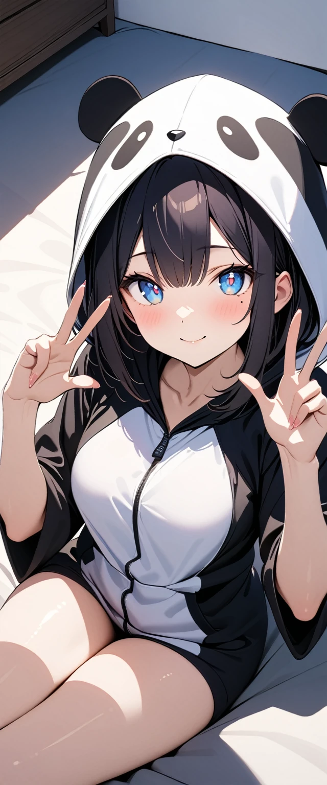 (Highest quality),(masterpiece), 8k,Very detailed, Detailed light, Best Shadow,Detailed reflective eyes, Very detailedな顔,Shiny Hair,(1 girl:1.2),woman,Gloss,Black Hair,smile,Beautiful fingers,Beautiful Hands,whole body,blue eyes,(Medium length hair:1.2),thin,Mole under the eye,Panda costume,(Panda Stuffed Animal:1.2),(大きいPanda Stuffed Animal:1.2),Hug a stuffed animal,Bedroom,