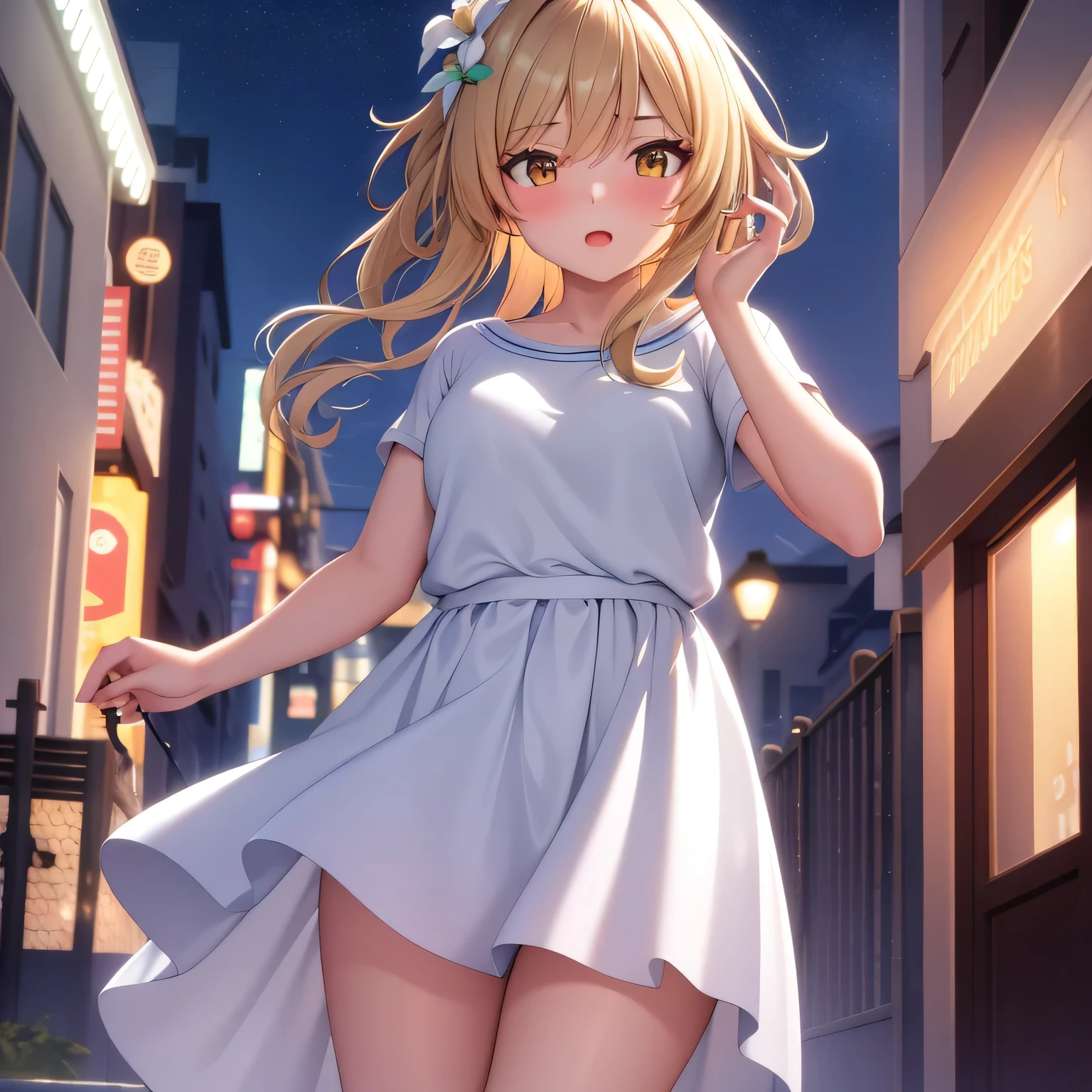 masterpiece, best quality, lumine, 1girl, solo, blush, hair between eyes, ((streetwear clothes)), city, outdoors, night, movie poster, extremely detailed 8K, smooth, high resolution, ultra quality, cinematic lighting, ambient occlusion, hd, 2k, 4k, 8k, 16k, extremely detailed anime, detailed faces, perfect composition, wide shot, atmospheric lighting,