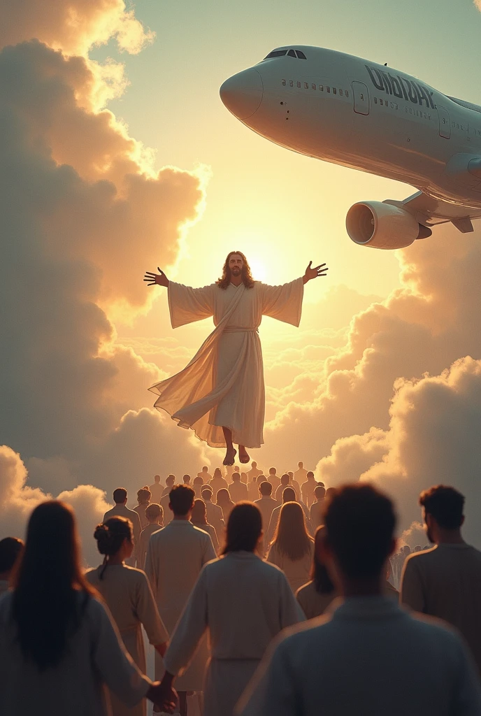 A large plane with a line of people coming out of it in the sky being received by Jesus Christ and he hugging people with a smile on his face