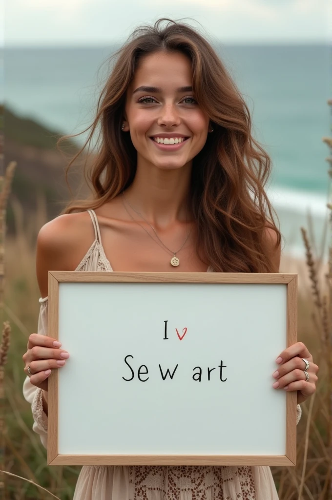 Beautiful girl with wavy long hair, bohemian dress, holding a white board with text "I Love Seaart Infinity" and showing it to the viewer