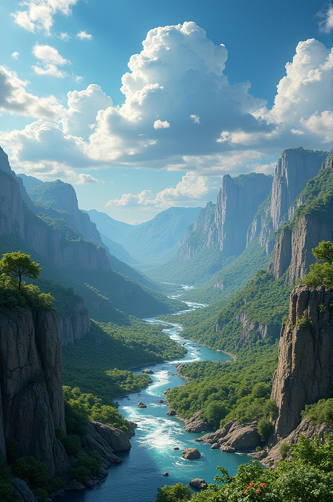 Create a picture of a landscape containing the atmosphere, biosphere, lithosphere and hydrosphere