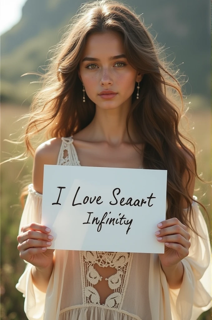 Beautiful girl with wavy long hair, bohemian dress, holding a white board with text "I Love Seaart Infinity" and showing it to the viewer