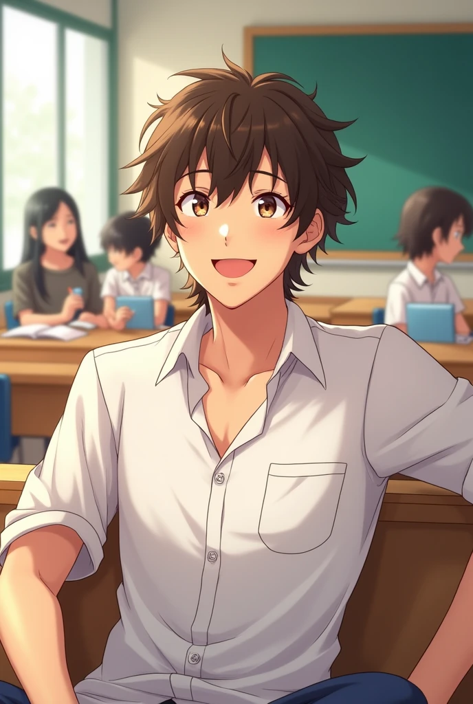 An anime guy with wavy brown hairs sunshine type style he wears white shirt his hairs are mid he is smiling he have adams apple he is sitting on bench in classroom surrounded with people