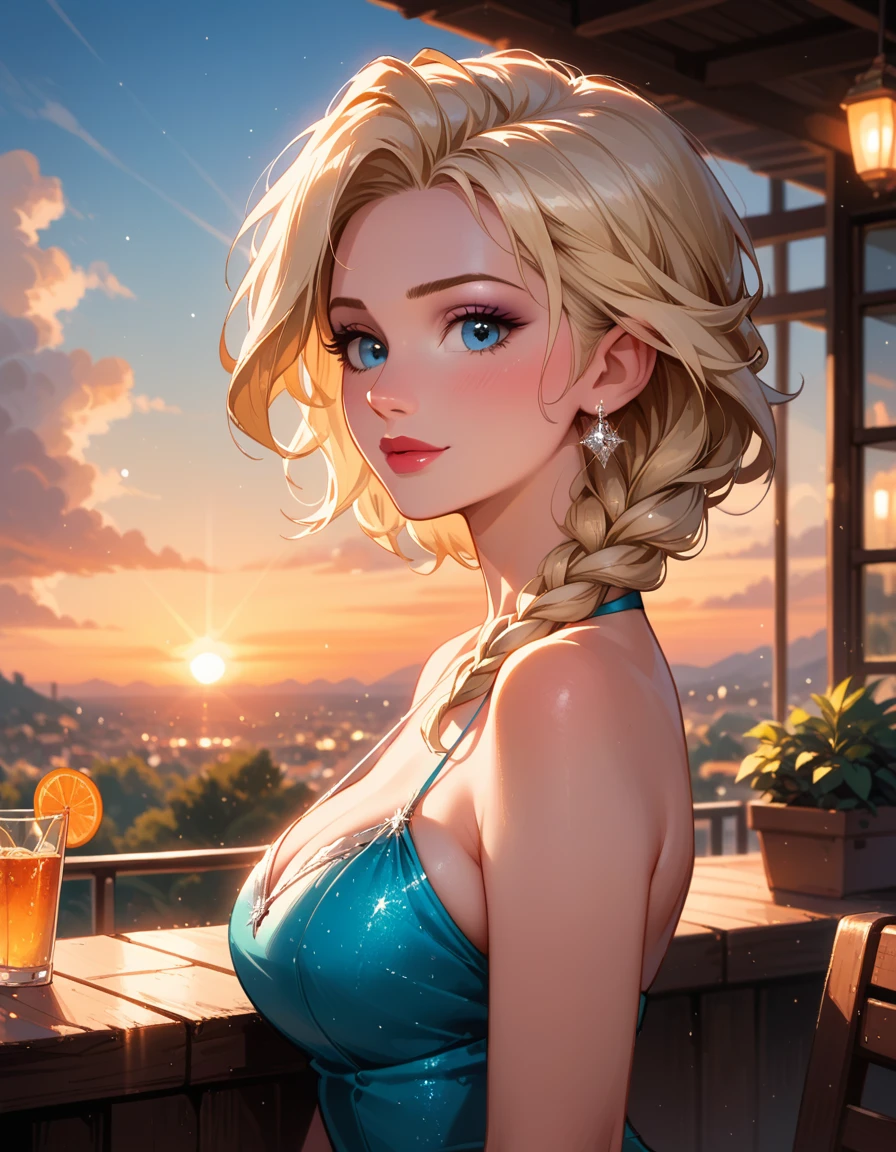 score_9, score_8_up, score_7_up, score_6_up, cinematic film still, 1girl, mature elsa (blonde hair, braid:1.1), tight_blue_halter_dress, in a beautiful restaurant, on the balcony, (cinematic lighting:1.2),, (sunset:1.2), shallow depth of field, vignette, highly detailed, high budget, bokeh, cinemascope, moody, epic, gorgeous, film grain, grainy, flirting, beautiful eyes, detailed eyes, close-up.